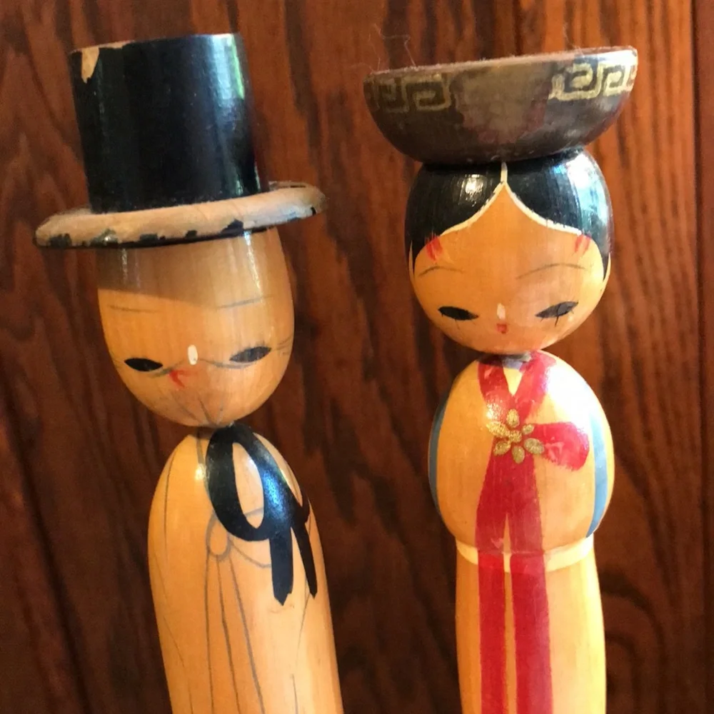 Vintage Kokeshi Wooden Candle Holders Pair Japan